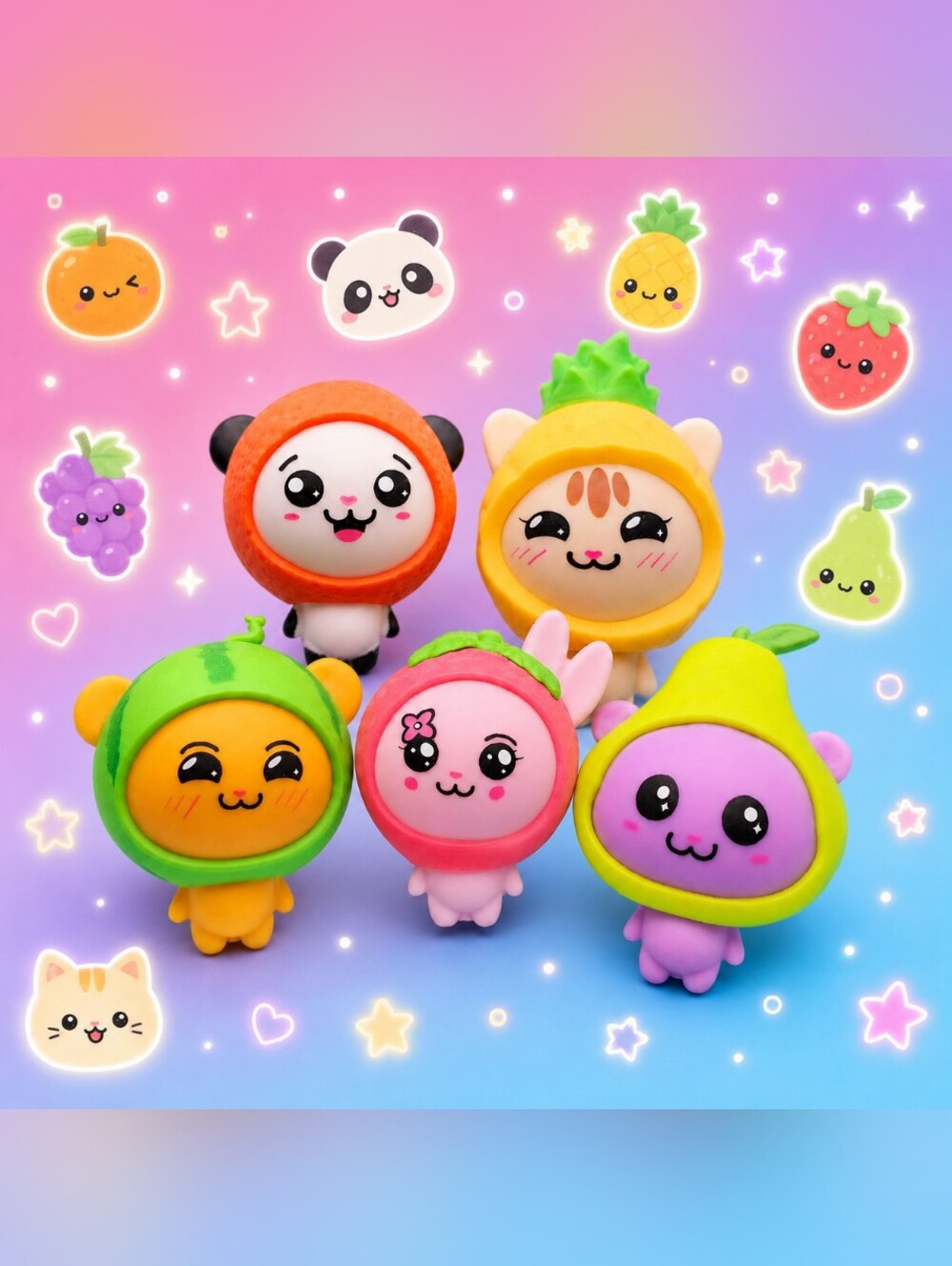Set of 6 Kawaii Fruit Animal Hat Squishies ☆ Fidget Toys ☆ SQUISHY TOY BUNDLE